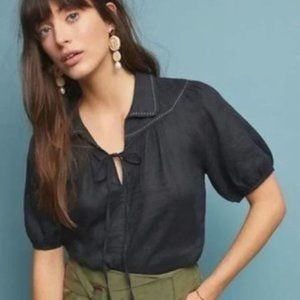 Anthropologie Black Linen Pullover Top Contrast White Stitching Small / Medium